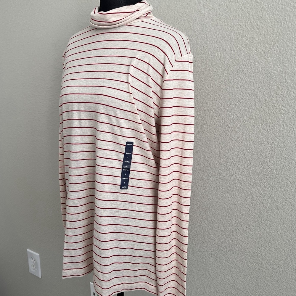 Lands' End Women's Large Long Sleeve Turtleneck Striped Stretch Oatmeal Red NWT - Picture 2 of 8